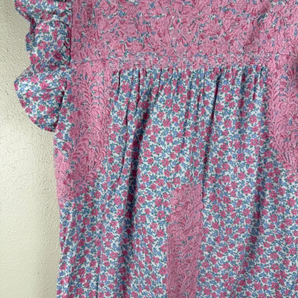 J. Marie Pink Blue Floral Embroidered Ruffle Flutter Sleeve Mini Dress XS